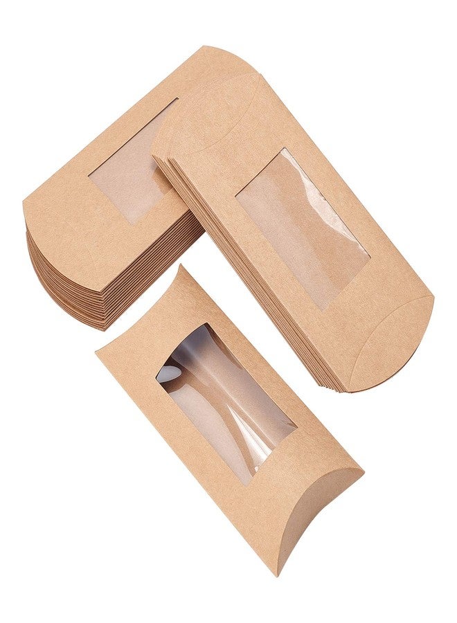 BENECREAT 30pcs 7.3x3x1 Inches Brown Kraft Paper Pillow Boxes with Clear Window, Candy Packaging Box Treat Box for Birthday Wedding Party - Image 1